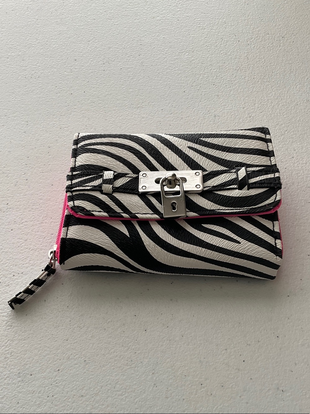 Claire's Zebra-Print Wallet with Pink Trim and Silver Lock